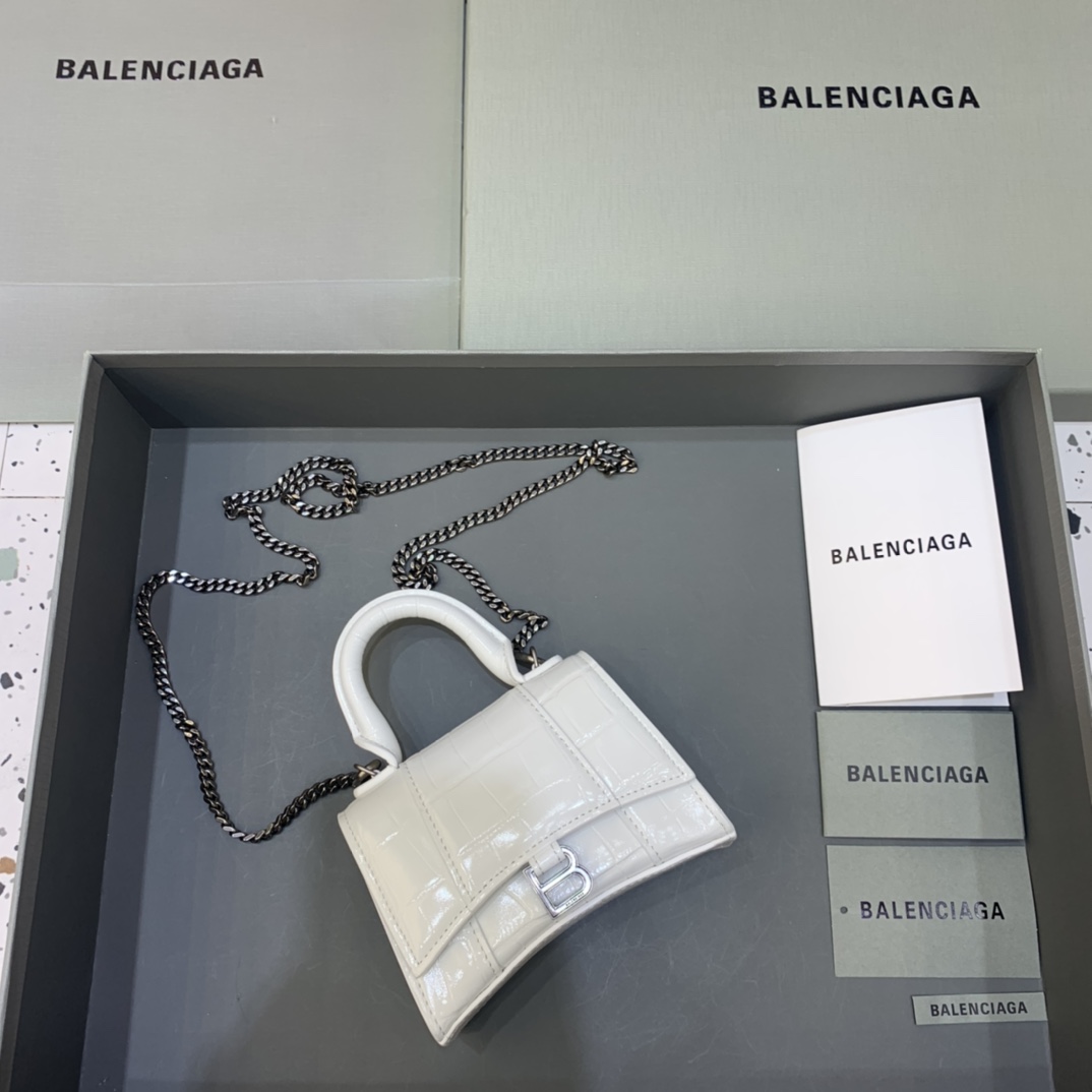 Balenciaga Hourglass Mini Handbag With Chain Crocodile Embossed Shoulder Bag White